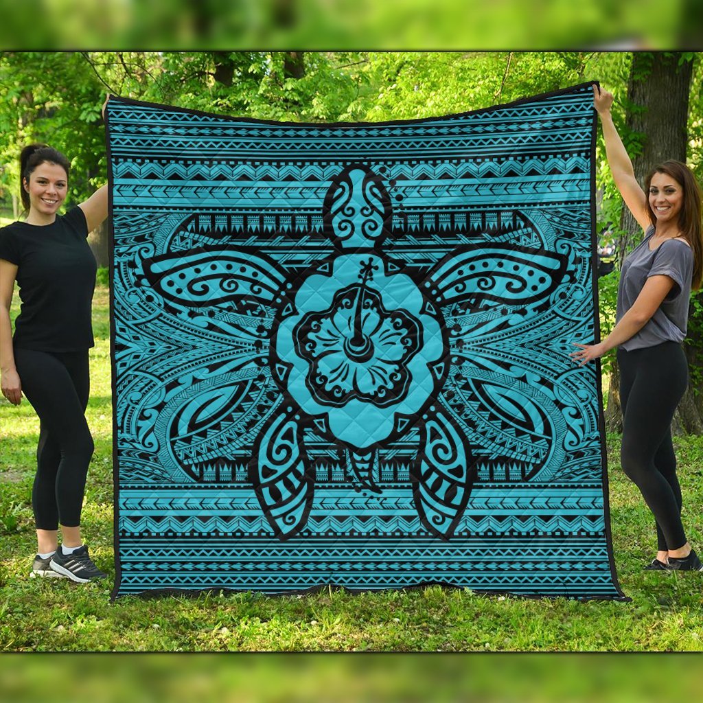 Hawaiian Turtle Polynesian Tribal Premium Quilts Blue AH Black - Polynesian Pride