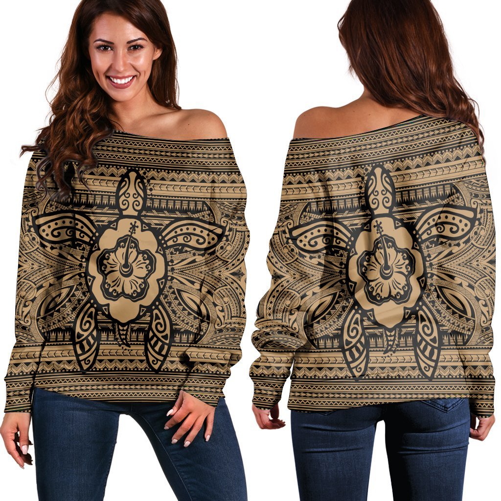 Hawaiian Turtle Polynesian Tribal Women's Off Shoulder Sweater Gold AH Black - Polynesian Pride