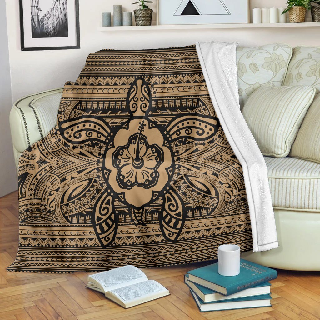 Hawaiian Turtle Polyensian Tribal Premium Blankets Gold AH White - Polynesian Pride