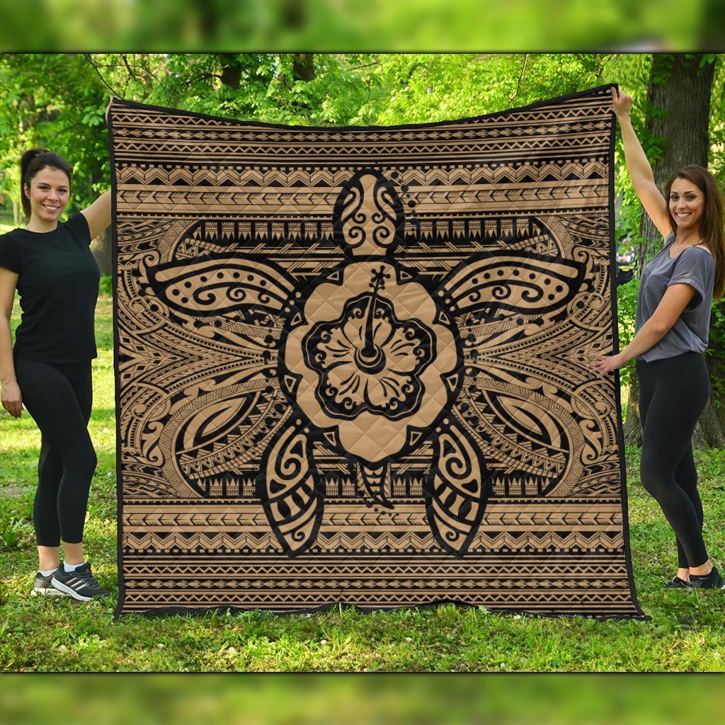 Hawaiian Turtle Polynesian Tribal Premium Quilts Gold AH Black - Polynesian Pride