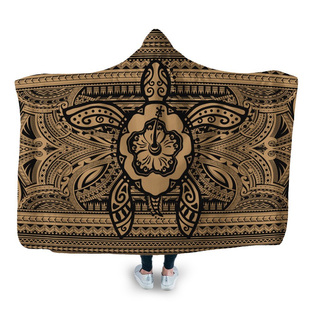 Hawaiian Turtle Polynesian Tribal Hooded Blanket Gold AH Hooded Blanket White - Polynesian Pride