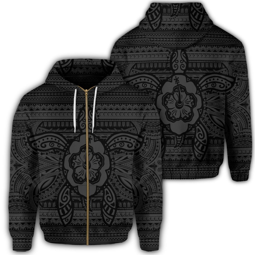 Hawaiian Turtle Polyensian Tribal Zip Hoodie Gray Unisex Art - Polynesian Pride