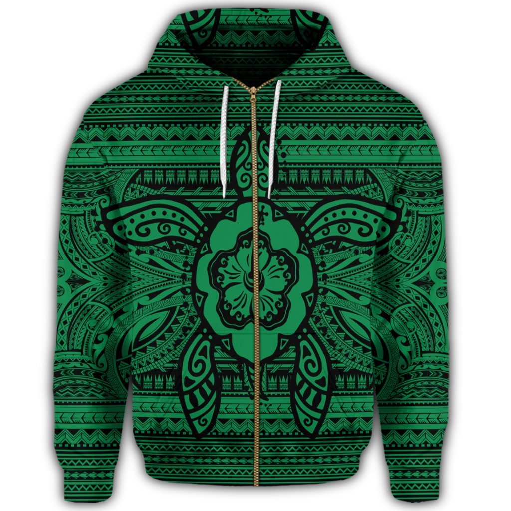 Hawaiian Turtle Polyensian Tribal Zip Hoodie Green - Polynesian Pride