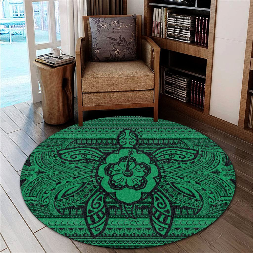 Hawaiian Turtle Polynesian Tribal Round Carpet Green AH - Polynesian Pride