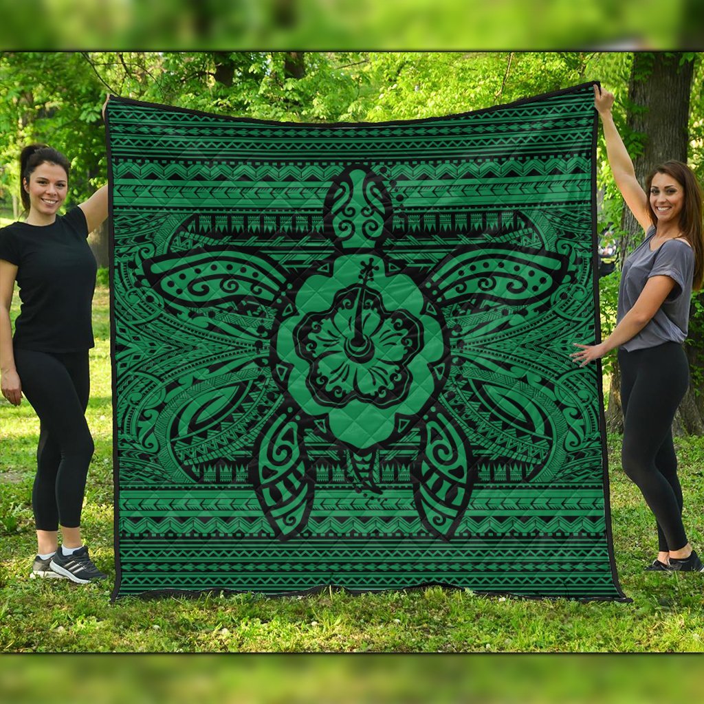 Hawaiian Turtle Polynesian Tribal Premium Quilts Green AH Black - Polynesian Pride