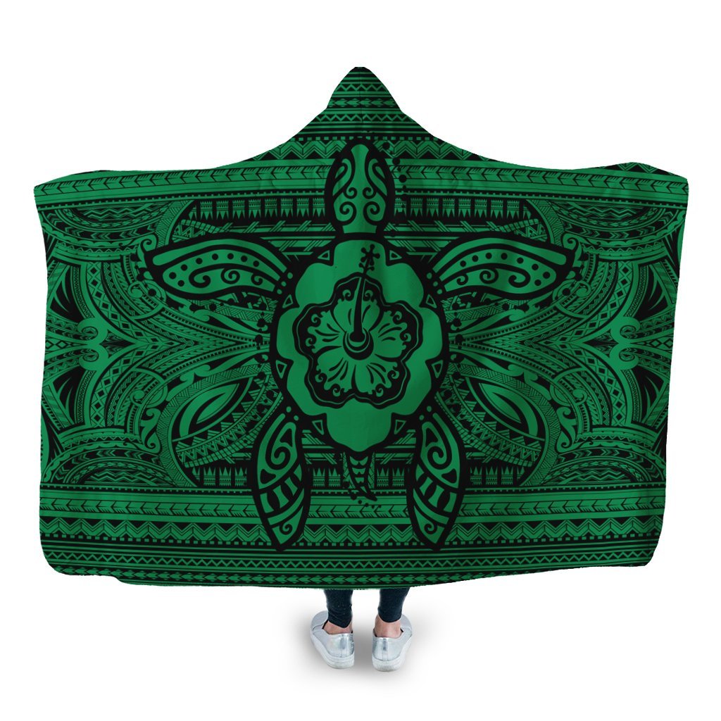 Hawaiian Turtle Polynesian Tribal Hooded Blanket Green AH Hooded Blanket White - Polynesian Pride