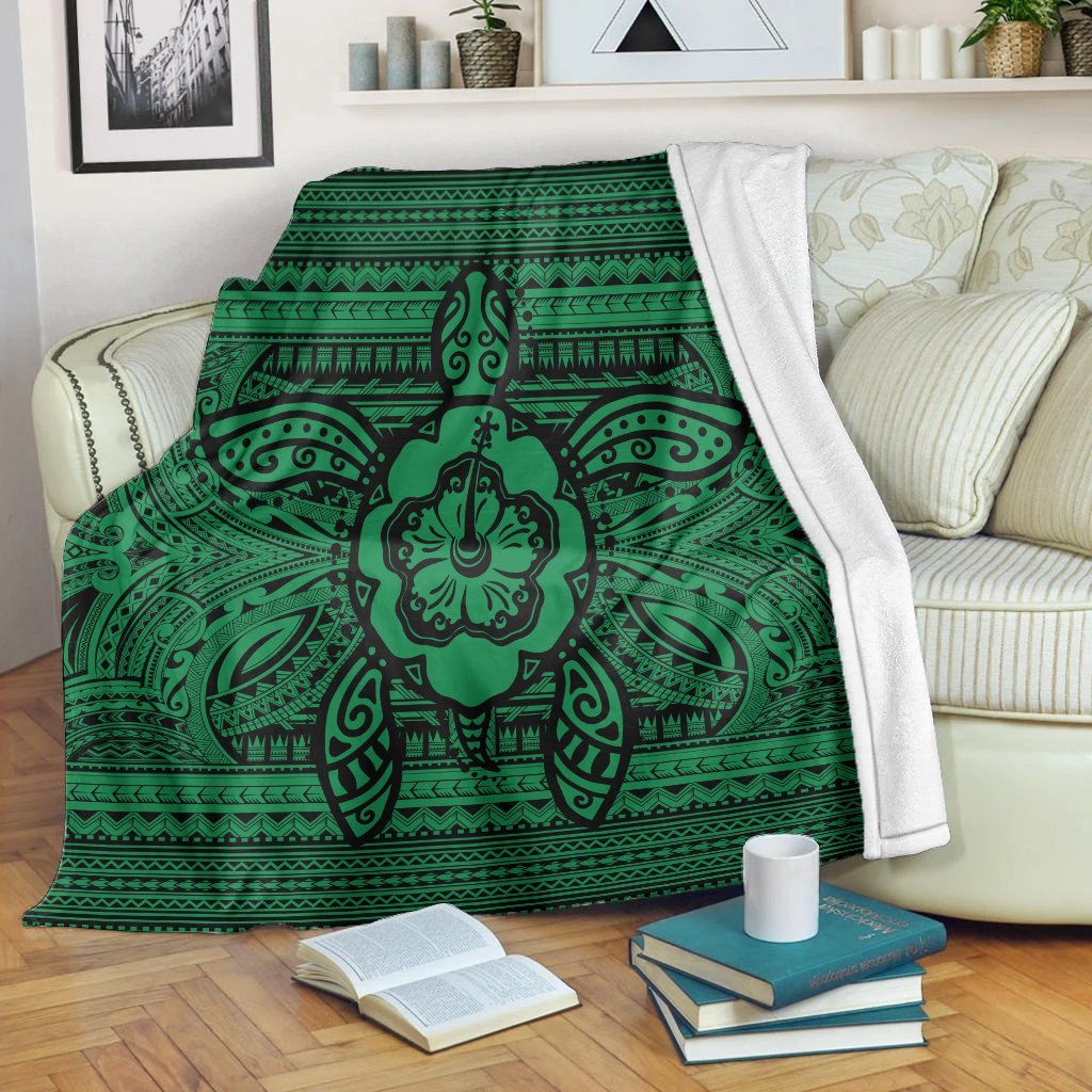 Hawaiian Turtle Polyensian Tribal Premium Blankets Green AH White - Polynesian Pride