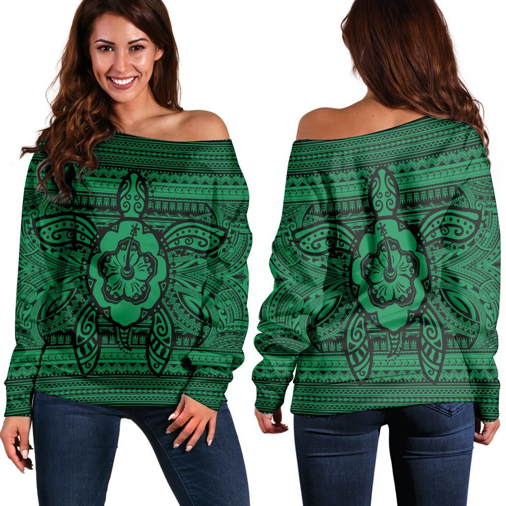 Hawaiian Turtle Polynesian Tribal Women's Off Shoulder Sweater Green AH Black - Polynesian Pride