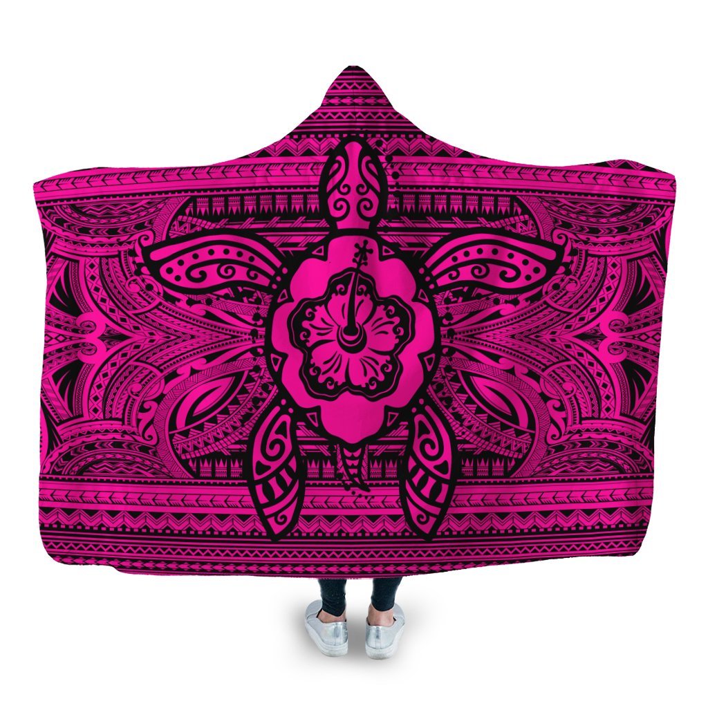 Hawaiian Turtle Polynesian Tribal Hooded Blanket Pink AH Hooded Blanket White - Polynesian Pride