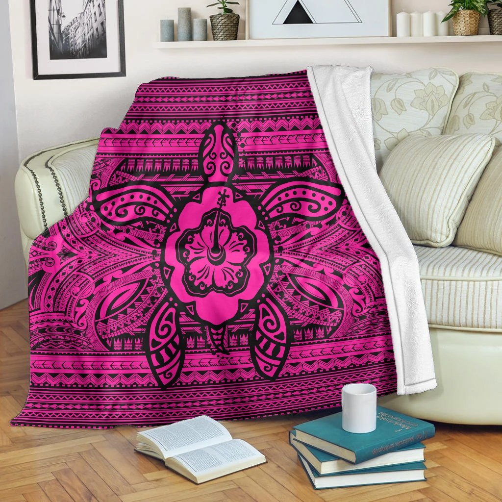 Hawaiian Turtle Polyensian Tribal Premium Blankets Pink AH White - Polynesian Pride