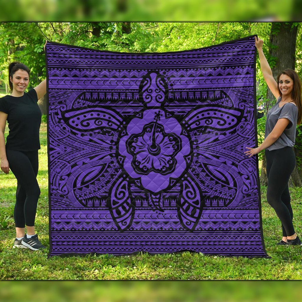 Hawaiian Turtle Polynesian Tribal Premium Quilts Purple AH Black - Polynesian Pride