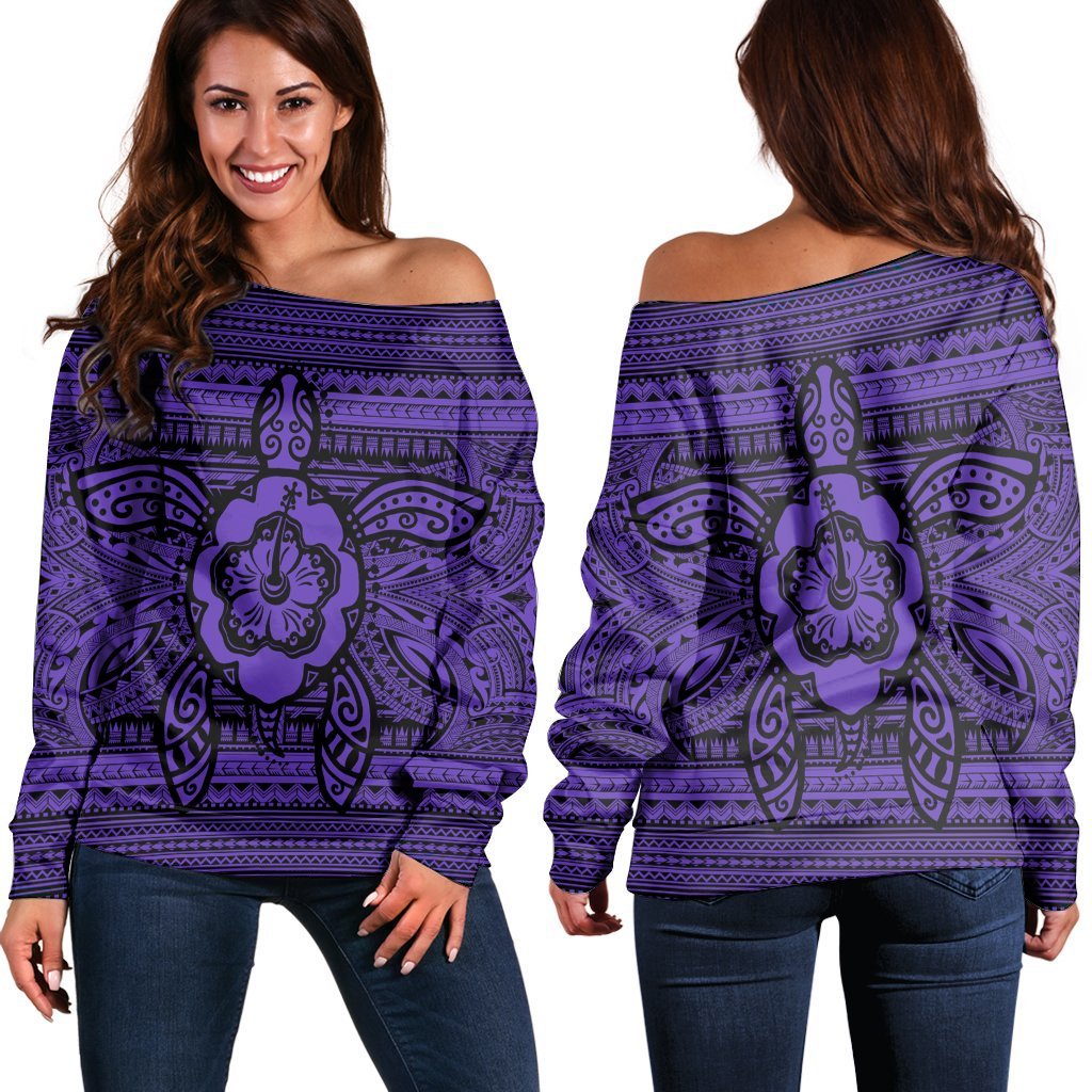 Hawaiian Turtle Polynesian Tribal Women's Off Shoulder Sweater Purple AH Black - Polynesian Pride