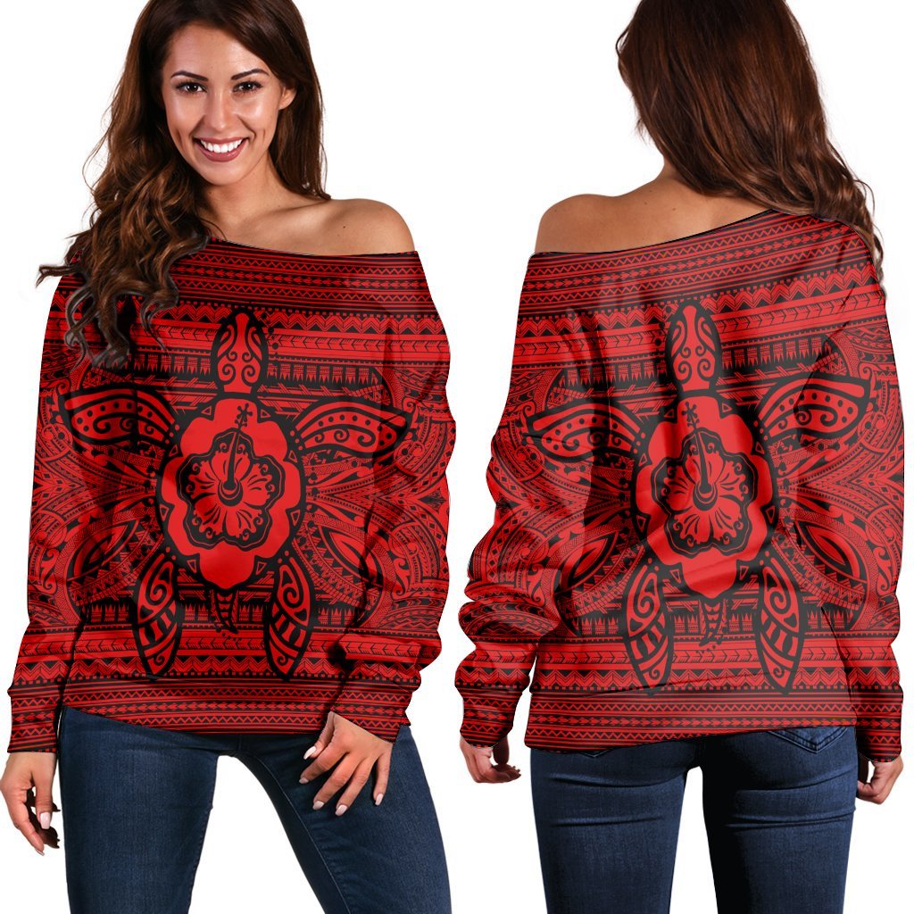 Hawaiian Turtle Polynesian Tribal Women's Off Shoulder Sweater Red AH Black - Polynesian Pride