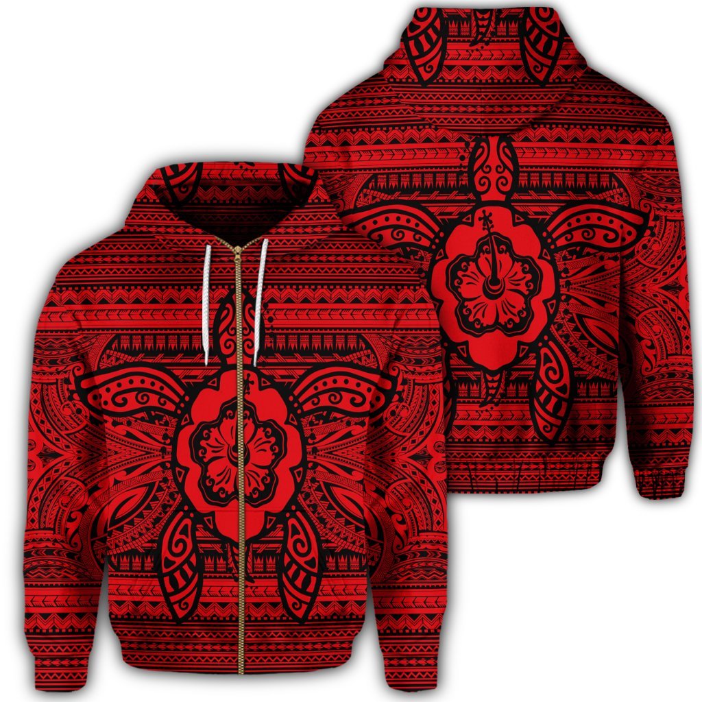 Hawaiian Turtle Polyensian Tribal Zip Hoodie Red Unisex Art - Polynesian Pride