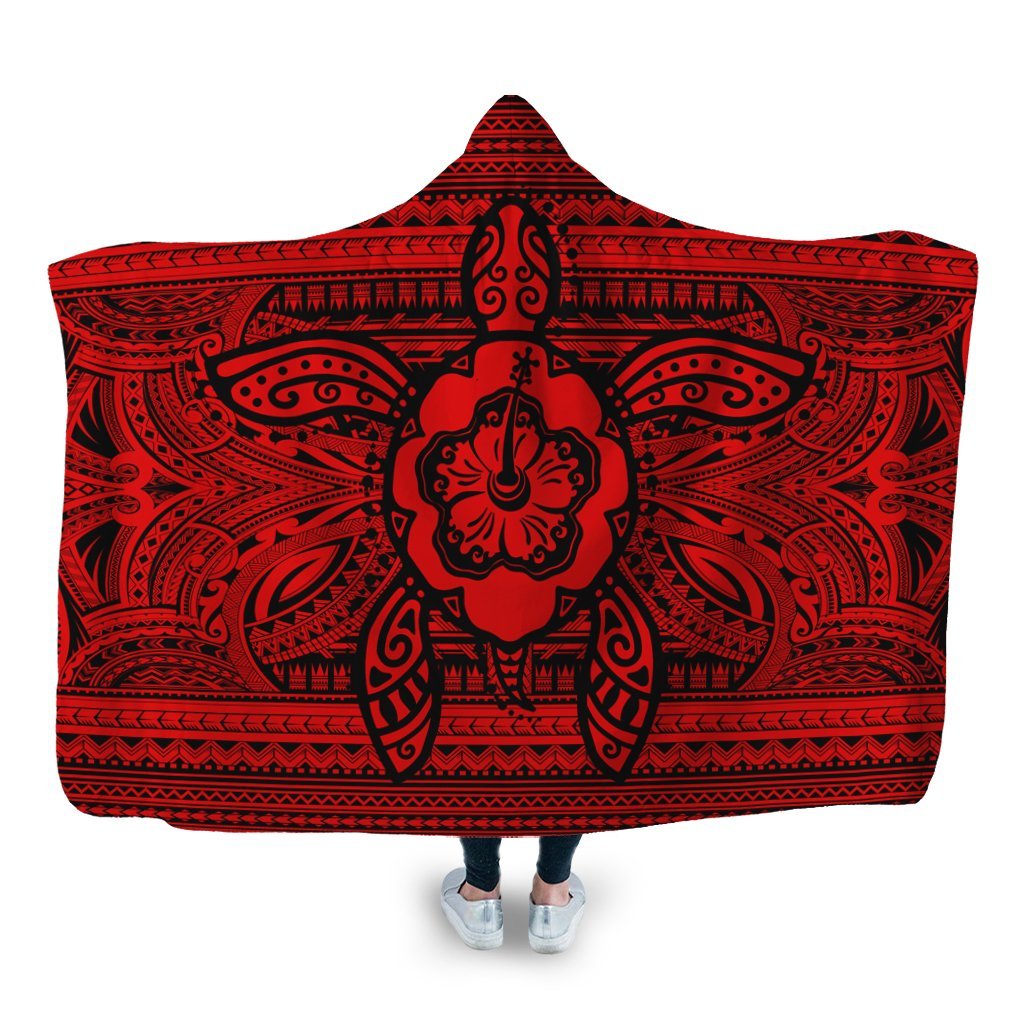 Hawaiian Turtle Polynesian Tribal Hooded Blanket Red AH Hooded Blanket White - Polynesian Pride