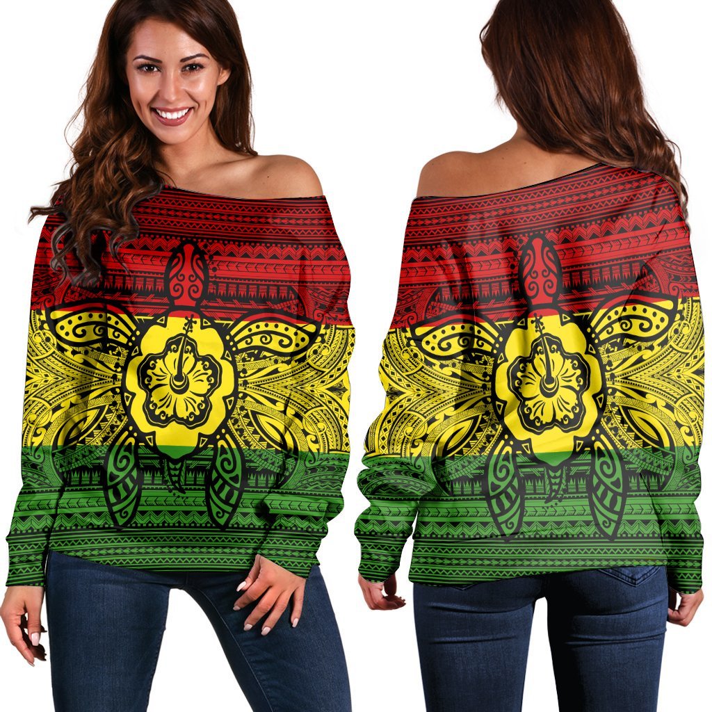 Hawaiian Turtle Polynesian Tribal Women's Off Shoulder Sweater Reggae AH Black - Polynesian Pride