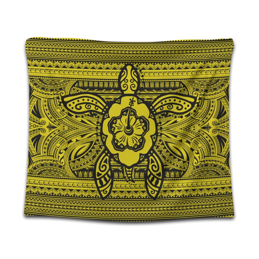 Hawaiian Turtle Polynesian Tribal Tapestry Yellow AH Wall Tapestry Black - Polynesian Pride