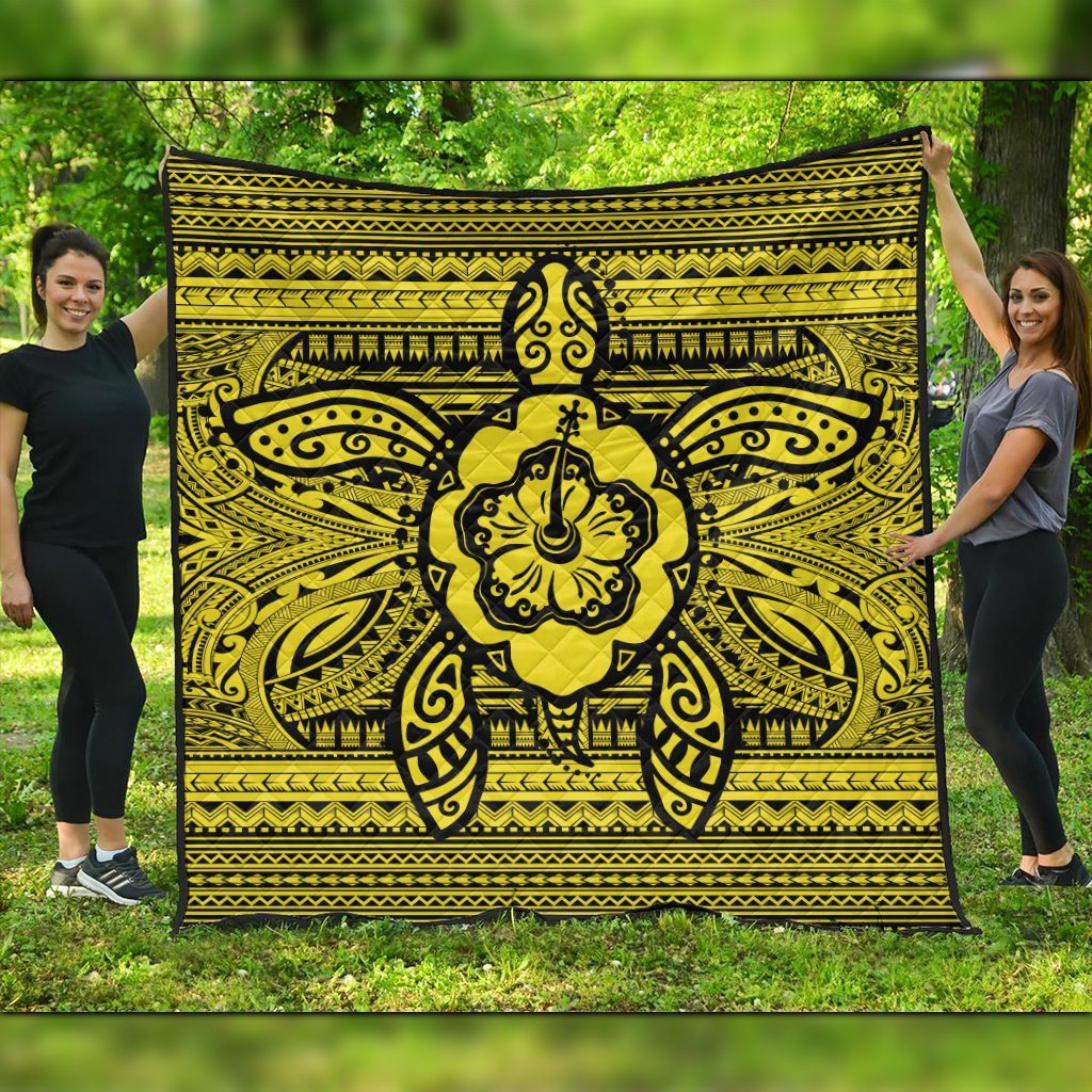 Hawaiian Turtle Polynesian Tribal Premium Quilts Yellow AH Black - Polynesian Pride