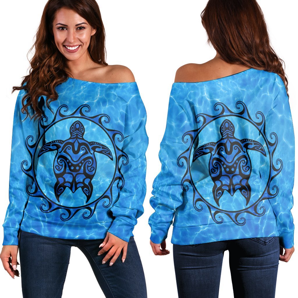 Hawaiian Turtle Polynesia Under The Sea Women's Off Shoulder Sweater - AH Black - Polynesian Pride