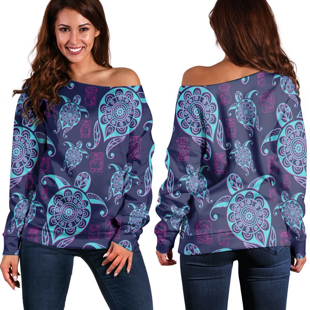 Hawaiian Turtle Polynesian Neon Women's Off Shoulder Sweater - AH Black - Polynesian Pride