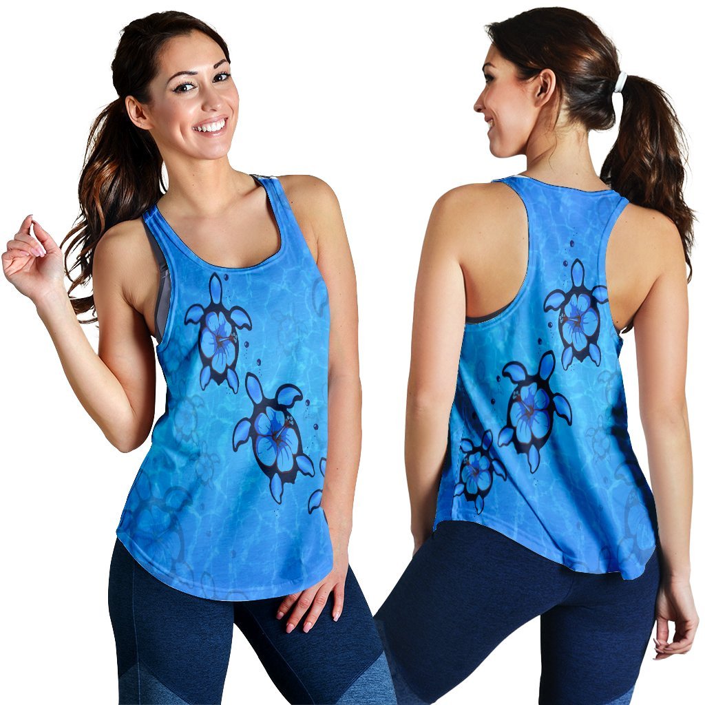 Hawaiian Turtle Swim In The OCean With Hibiscus Polynesian Racerback Tank - AH Black - Polynesian Pride