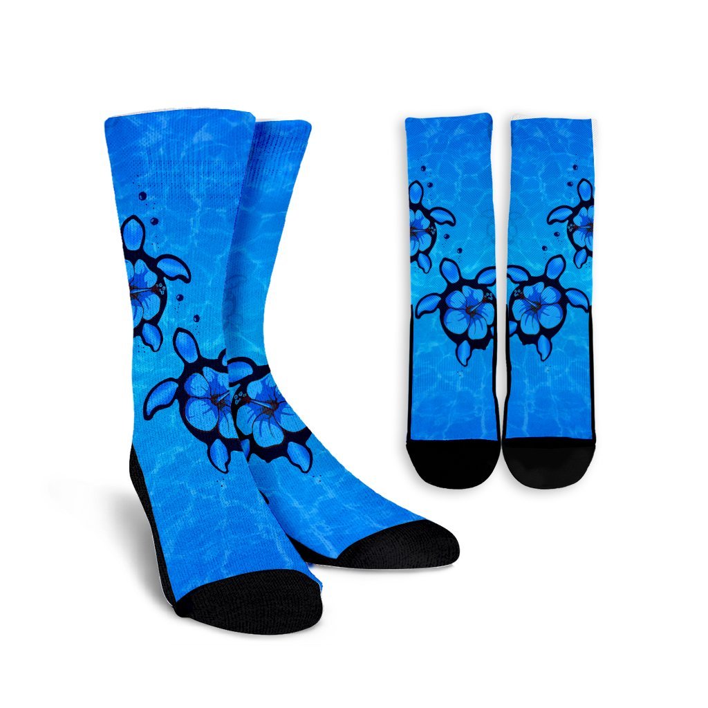 Hawaiian Turtle Swim In The OCean With Hibiscus Polynesian Crew Socks - AH Crew Socks White - Polynesian Pride