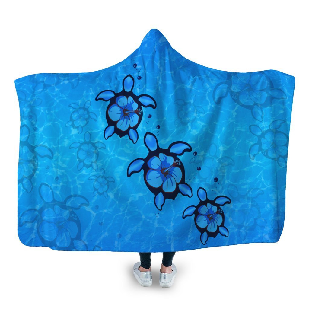 Hawaiian Turtle Swim In The OCean With Hibiscus Polynesian Hooded Blanket - AH Hooded Blanket White - Polynesian Pride