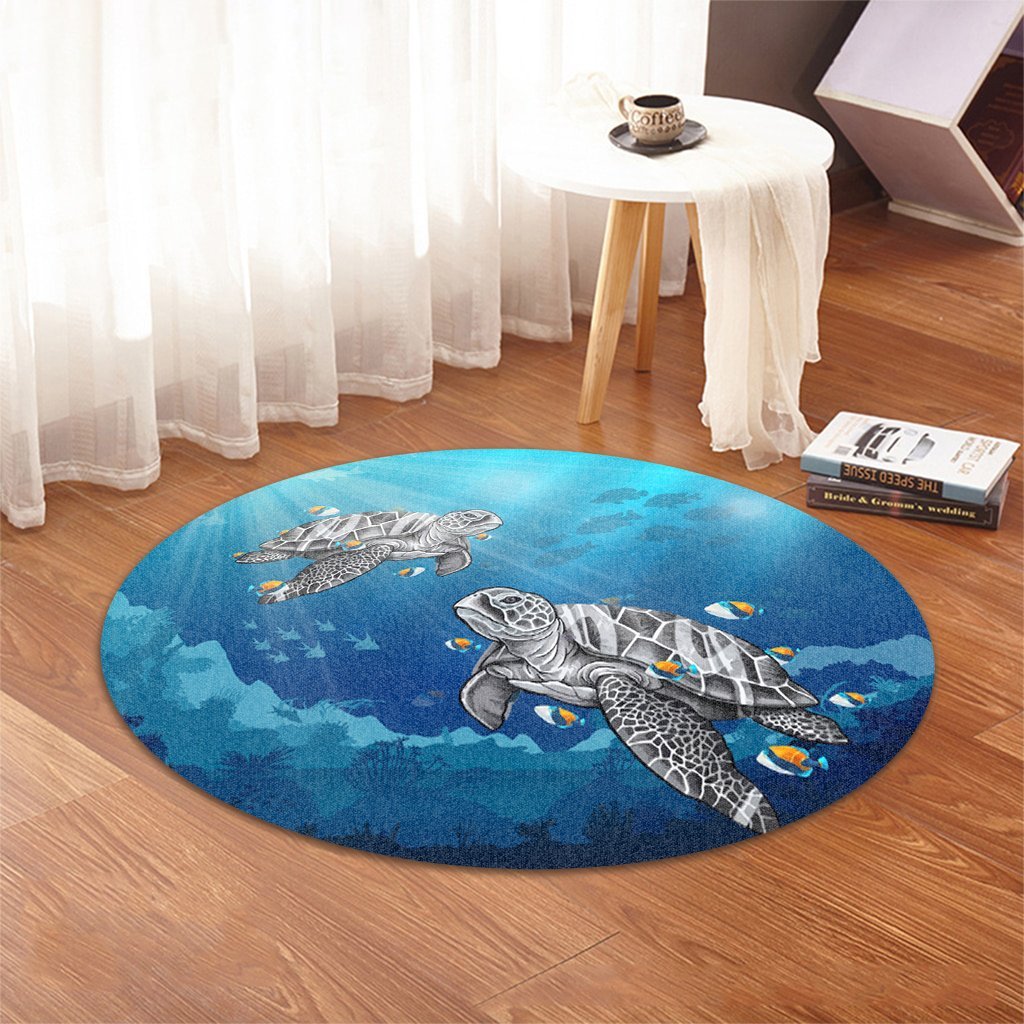 Hawaiian Turtle Swim With Fish In The Ocean Polynesian Round Carpet - AH - Polynesian Pride