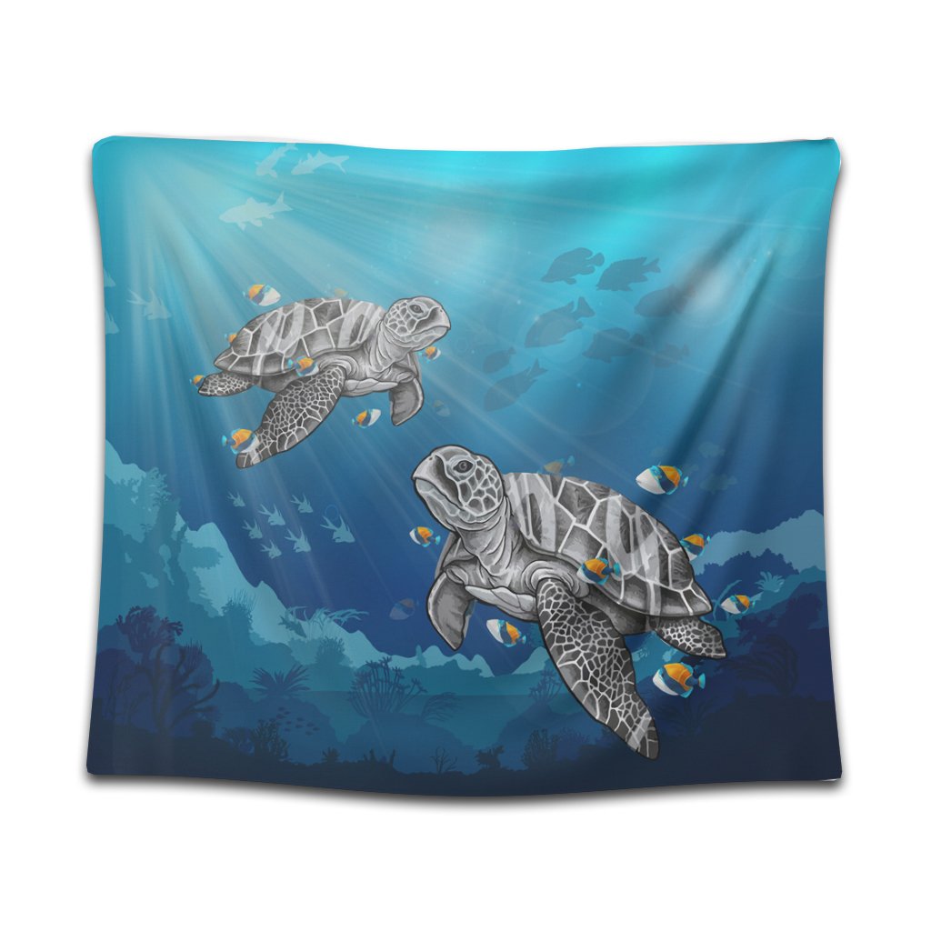 Hawaiian Turtle Swim With Fish In The Ocean Polynesian Tapestry - AH Wall Tapestry Black - Polynesian Pride