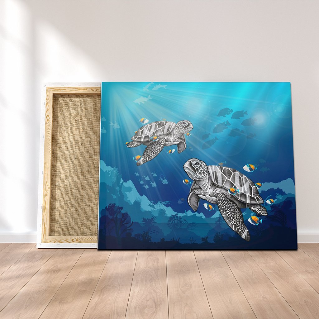 Hawaiian Turtle Swim With Fish In The Ocean Polynesian Canvas - AH Canvas Poly-cotton - Polynesian Pride