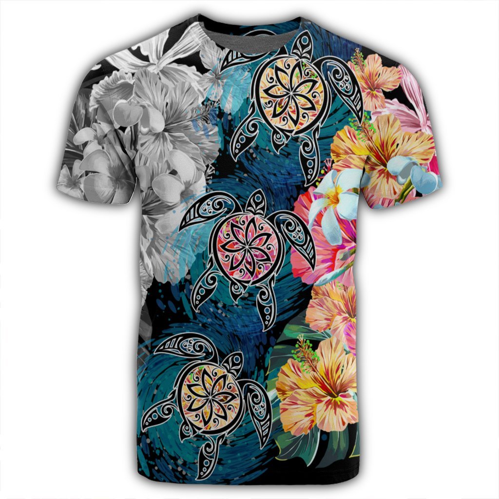 Hawaiian Turtle Swimming Wave Plumeria Hibiscus Polynesian T Shirt Garden Style AH - Polynesian Pride