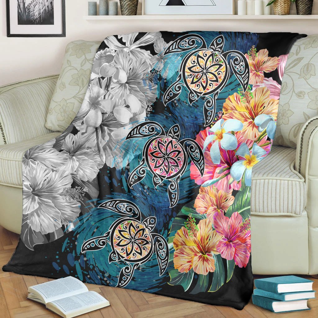 Hawaiian Turtle Swimming Wave Plumeria Hibiscus Polynesian Premium Blankets - Garden Style - AH - Polynesian Pride