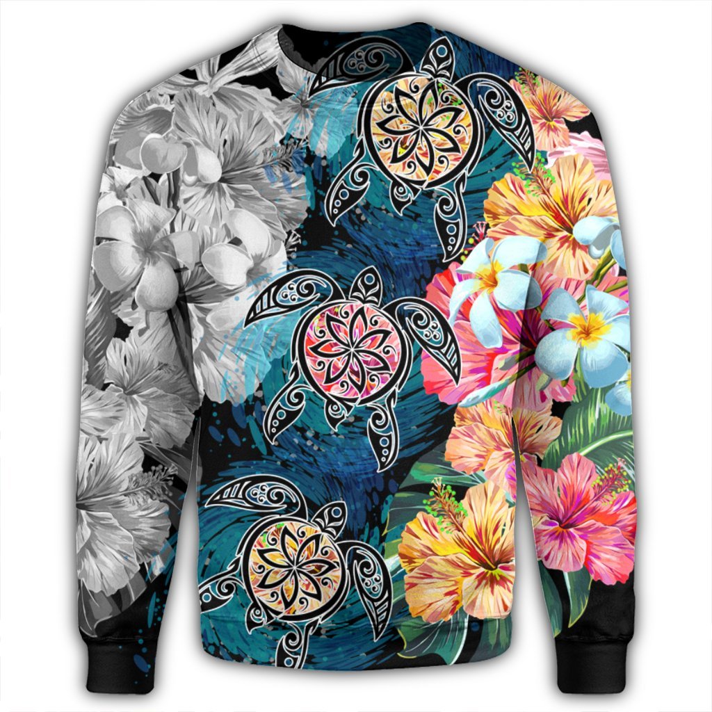 Hawaiian Turtle Swimming Wave Plumeria Hibiscus Polynesian Sweatshirt - Garden Style - AH - Polynesian Pride