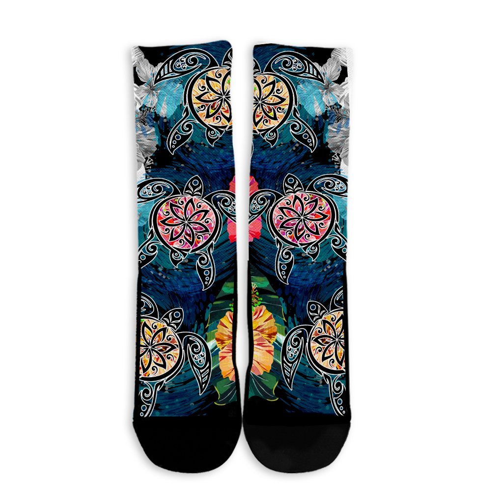 Hawaiian Turtle Swimming Wave Plumeria Hibiscus Polynesian Crew Socks - Garden Style - AH - Polynesian Pride