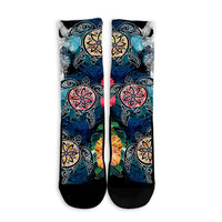 Hawaiian Turtle Swimming Wave Plumeria Hibiscus Polynesian Crew Socks - Garden Style - AH - Polynesian Pride