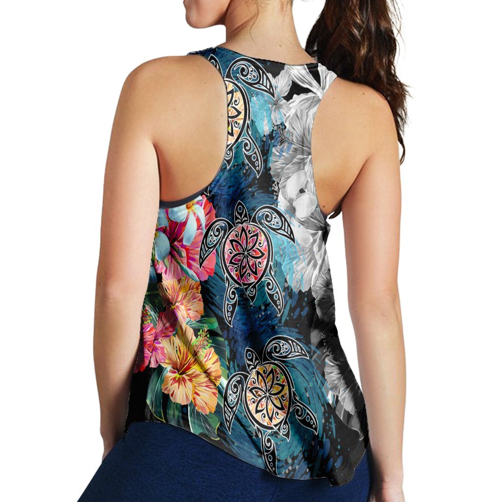 Hawaiian Turtle Swimming Wave Plumeria Hibiscus Polynesian Racerback Tank - Garden Style - AH - Polynesian Pride