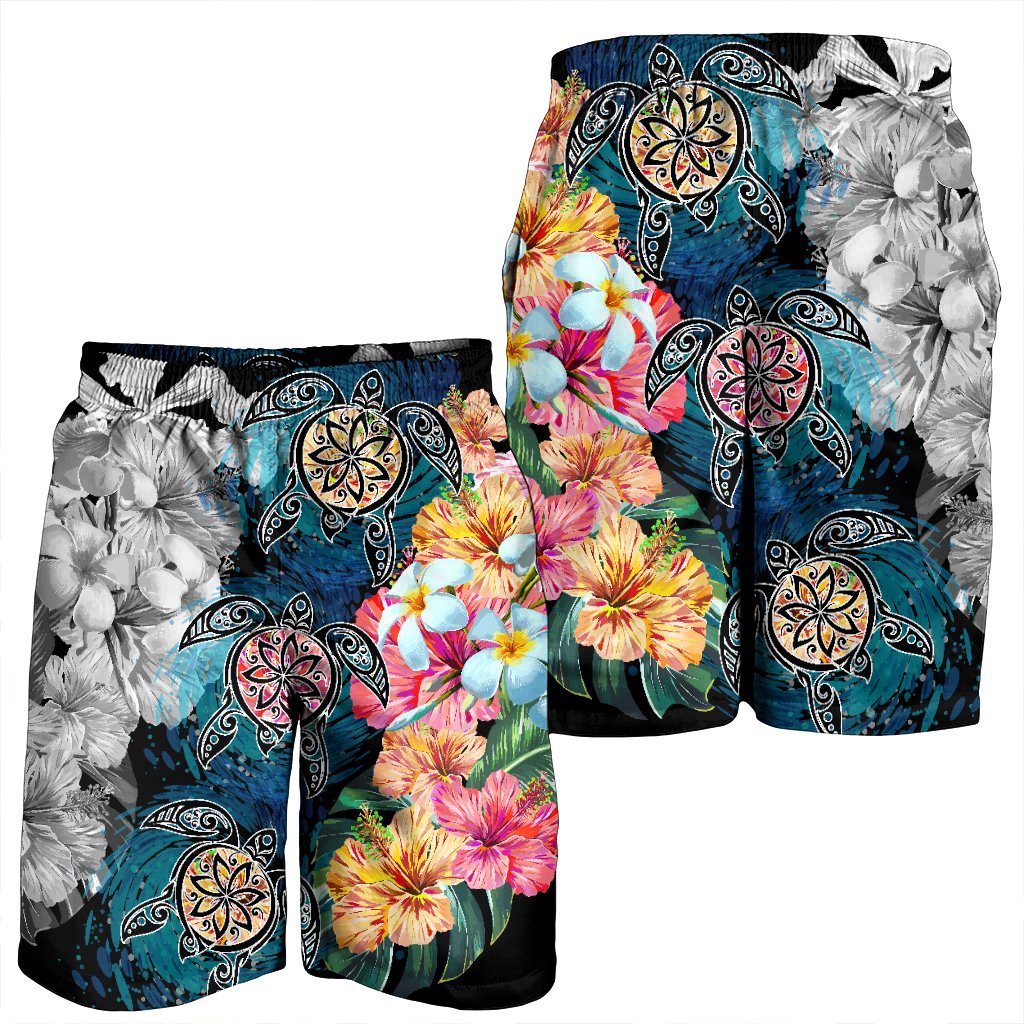 Hawaiian Turtle Swimming Wave Plumeria Hibiscus Polynesian Men's Shorts - Garden Style - AH - Polynesian Pride