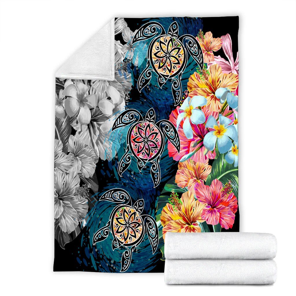 Hawaiian Turtle Swimming Wave Plumeria Hibiscus Polynesian Premium Blankets - Garden Style - AH - Polynesian Pride