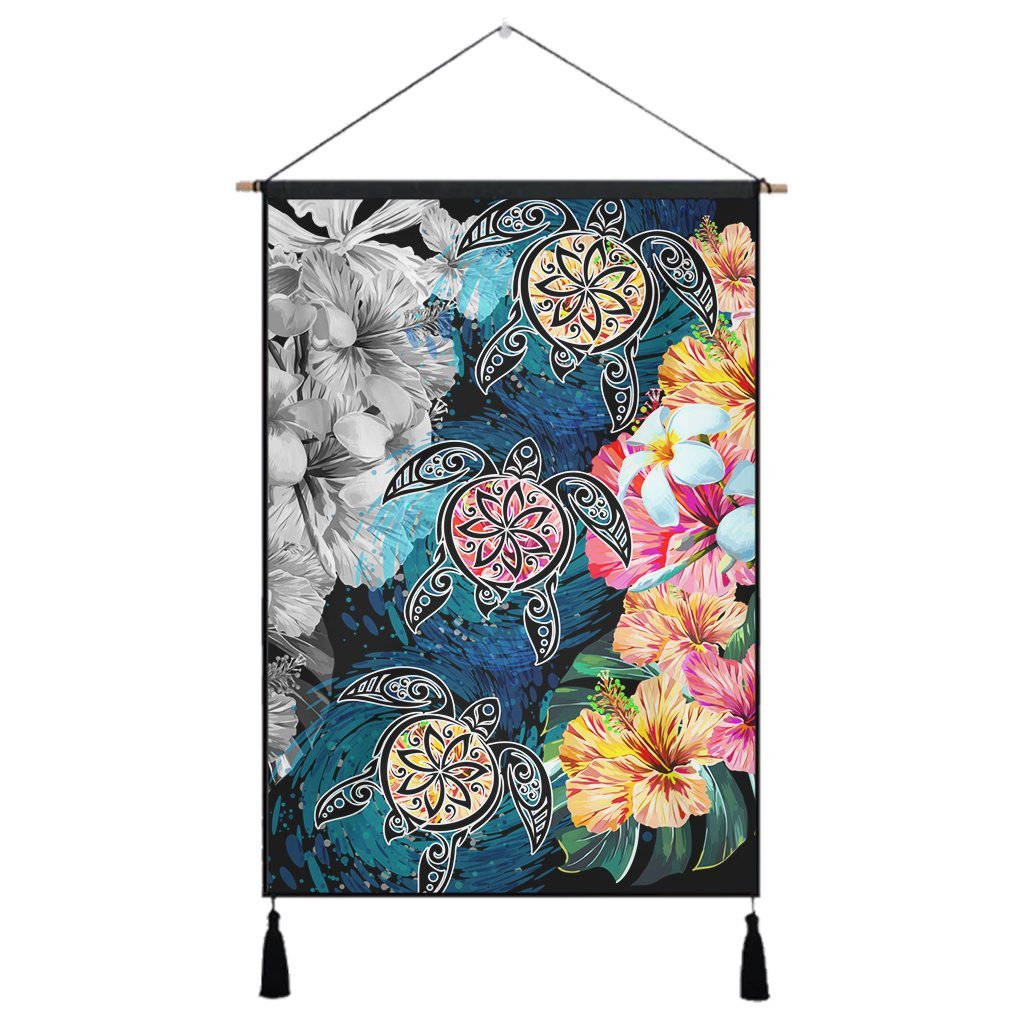 Hawaiian Turtle Swimming Wave Plumeria Hibiscus Polynesian Hanging Poster - Garden Style - AH Hanging Poster Cotton And Linen - Polynesian Pride