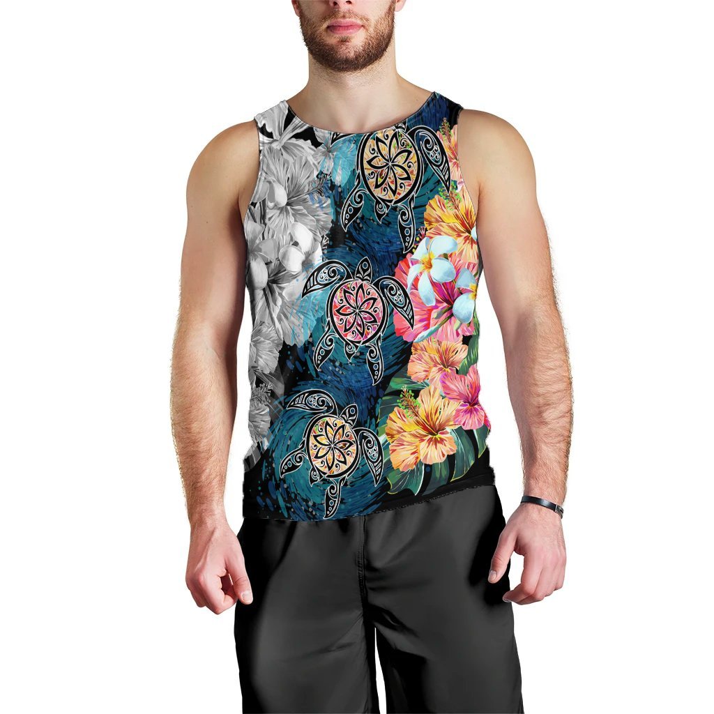 Hawaiian Turtle Swimming Wave Plumeria Hibiscus Polynesian Tank Top - Garden Style - AH Black - Polynesian Pride