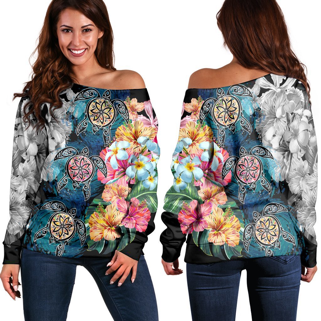 Hawaiian Turtle Swimming Wave Plumeria Hibiscus Polynesian Women's Off Shoulder Sweater - Garden Style - AH Black - Polynesian Pride