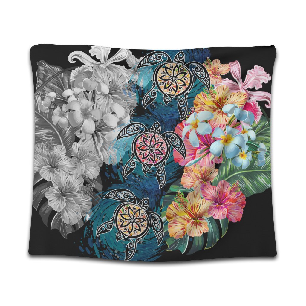 Hawaiian Turtle Swimming Wave Plumeria Hibiscus Polynesian Tapestry - Garden Style - AH Wall Tapestry Black - Polynesian Pride