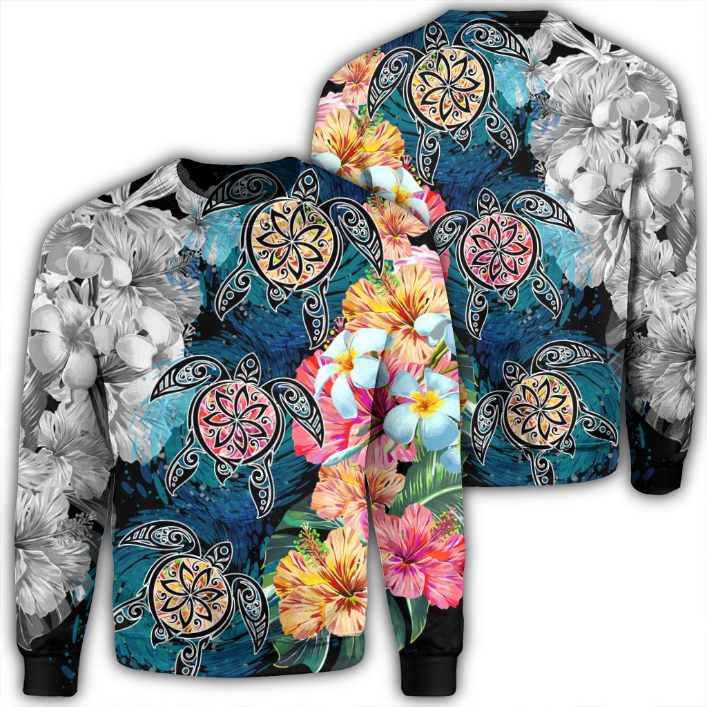 Hawaiian Turtle Swimming Wave Plumeria Hibiscus Polynesian Sweatshirt - Garden Style - AH Unisex Black - Polynesian Pride