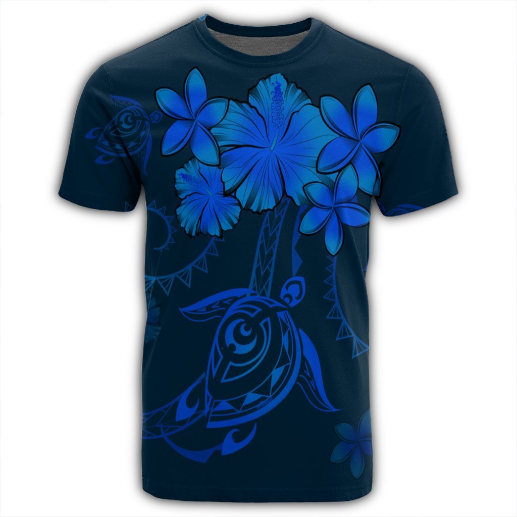 Hawaiian Turtles Hibiscus Plumeria Polynesian T Shirt Blue AH - Polynesian Pride