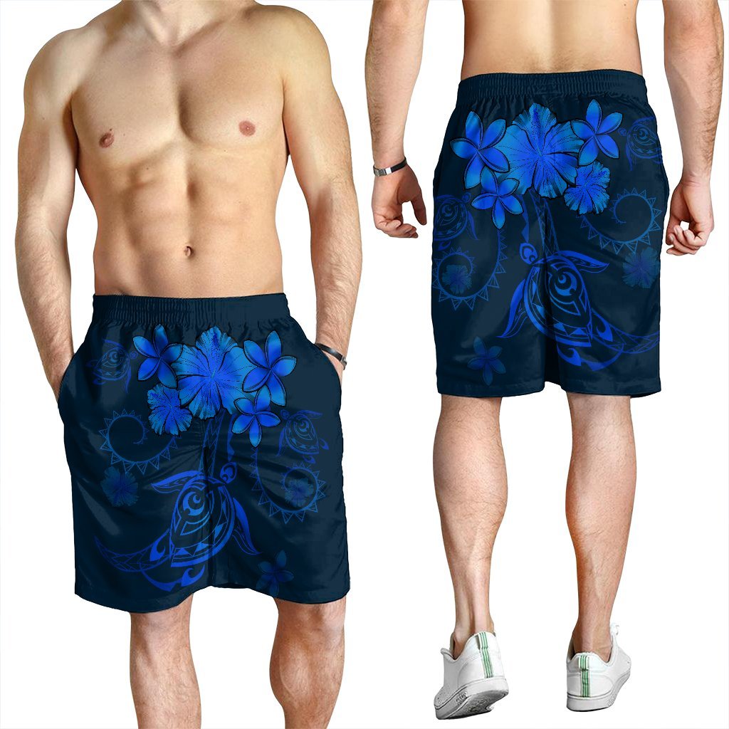 Hawaiian Turtles Hibiscus Plumeria Polynesian Men's Shorts - Blue - AH - Polynesian Pride