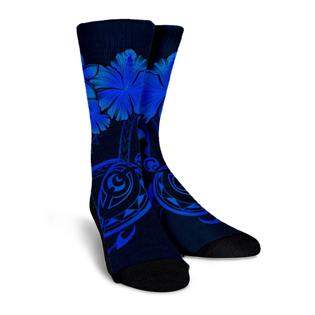 Hawaiian Turtles Hibiscus Plumeria Polynesian Crew Socks - Blue - AH - Polynesian Pride