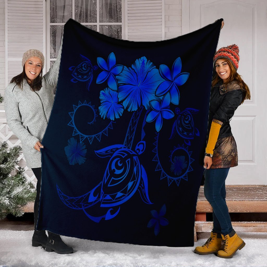 Hawaiian Turtles Hibiscus Plumeria Polynesian Premium Blankets - Blue - AH - Polynesian Pride