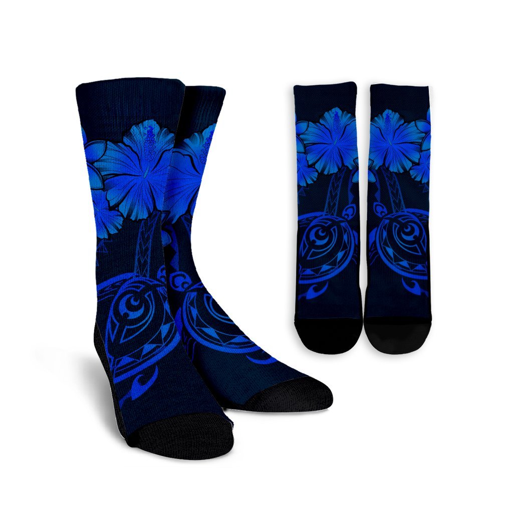 Hawaiian Turtles Hibiscus Plumeria Polynesian Crew Socks - Blue - AH Crew Socks White - Polynesian Pride
