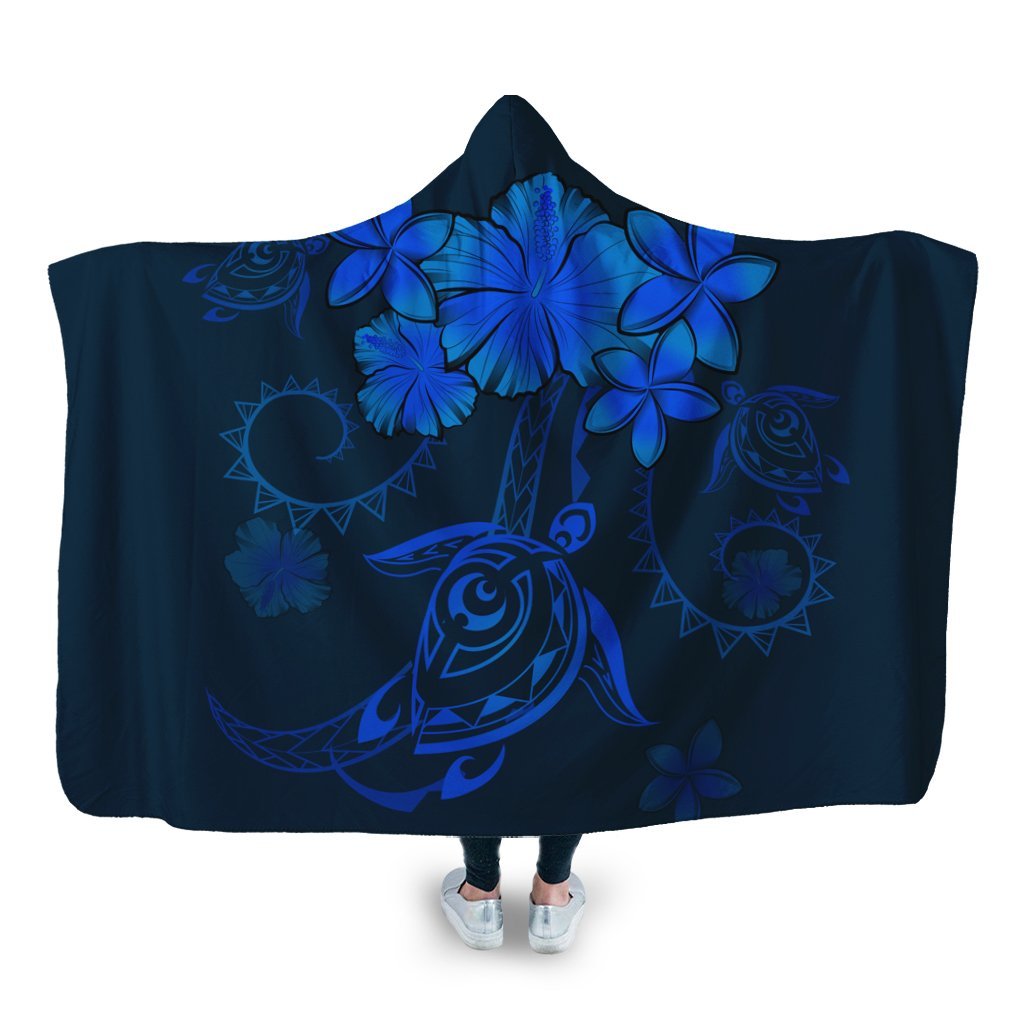 Hawaiian Turtles Hibiscus Plumeria Polynesian Hooded Blanket - Blue - AH Hooded Blanket White - Polynesian Pride