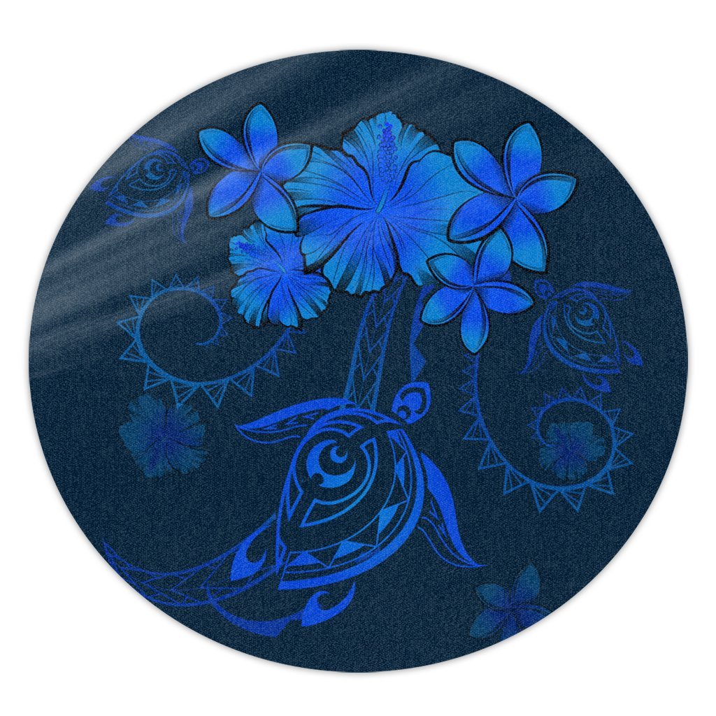 Hawaiian Turtles Hibiscus Plumeria Polynesian Round Carpet - Blue - AH Round Carpet Luxurious Plush - Polynesian Pride